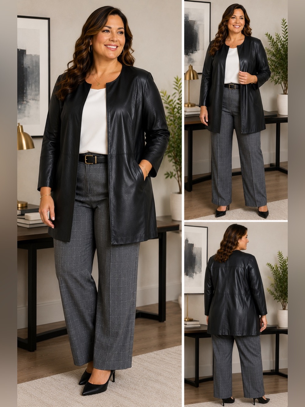 Chico's Black Faux Leather Open-Front Long Blazer